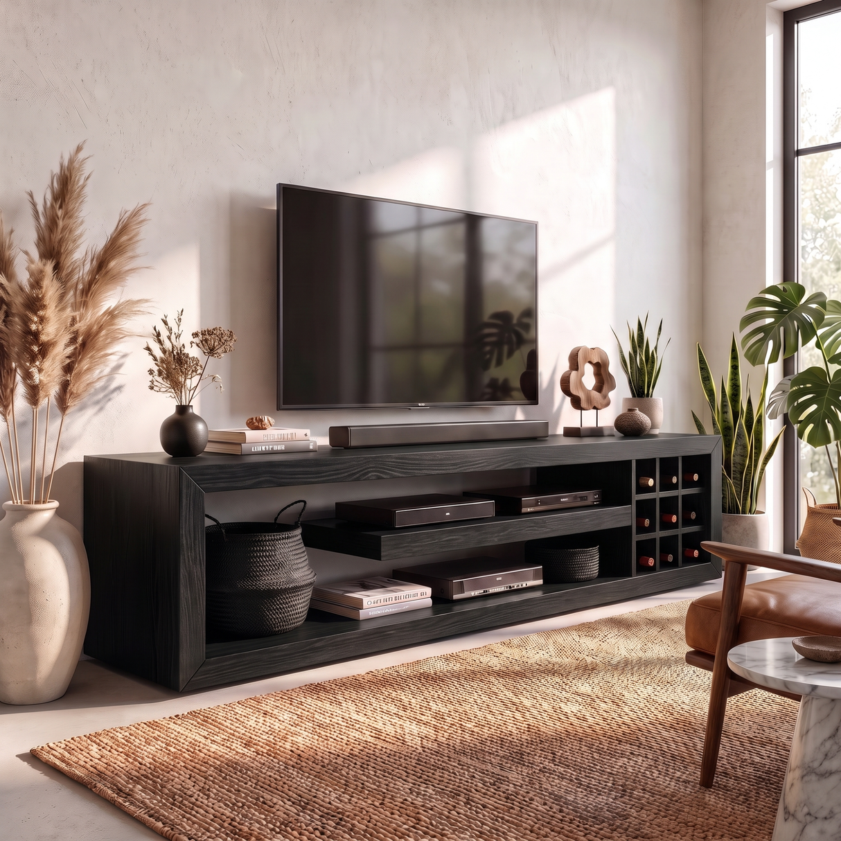 TV Console Solid Wood with Open Media Shelves and Side Cubby Storage for Living Room