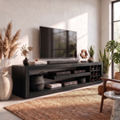TV Console Solid Wood with Open Media Shelves and Side Cubby Storage for Living Room