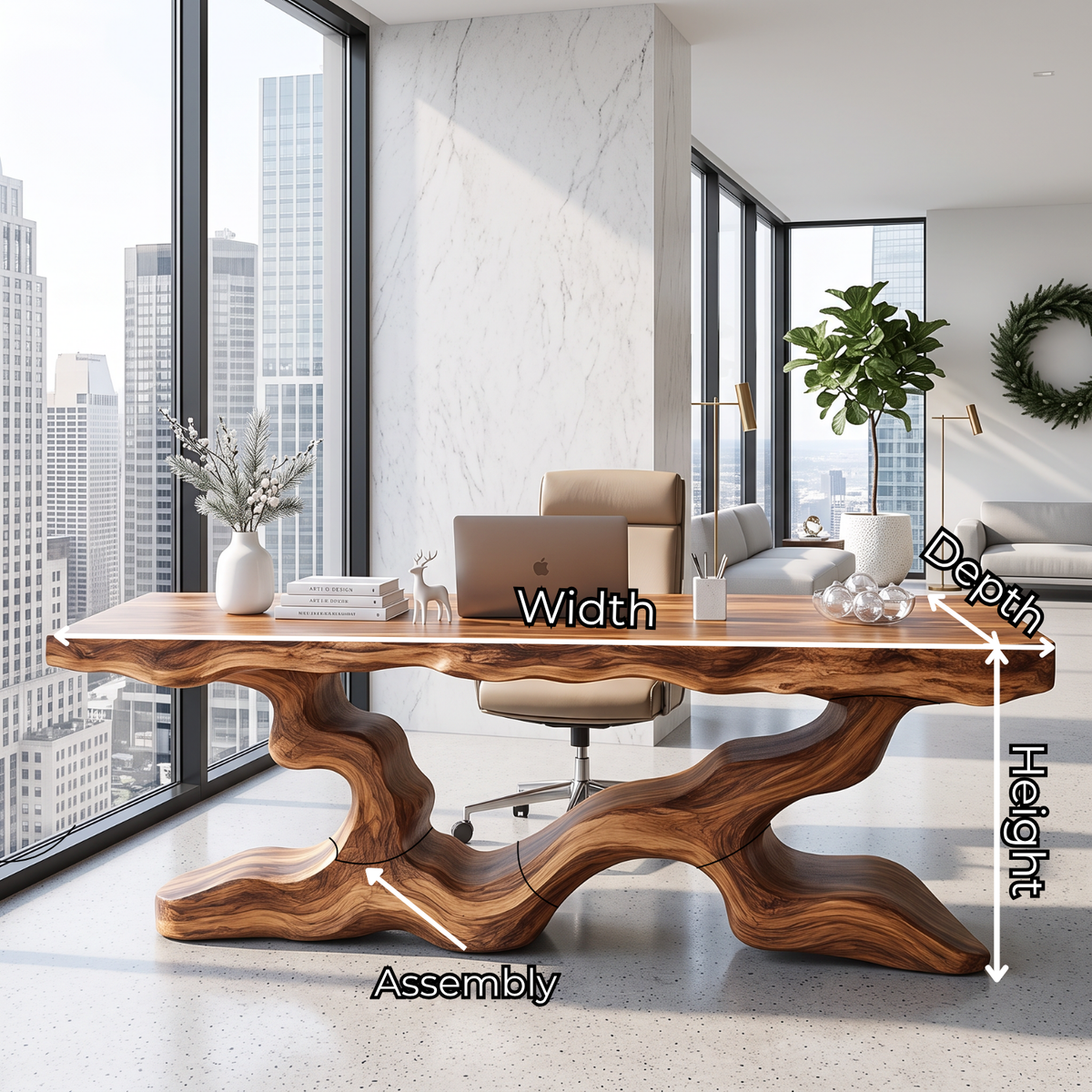 Sculptural Solid Wood Executive Desk with Organic Branch Base and Live Edge Top