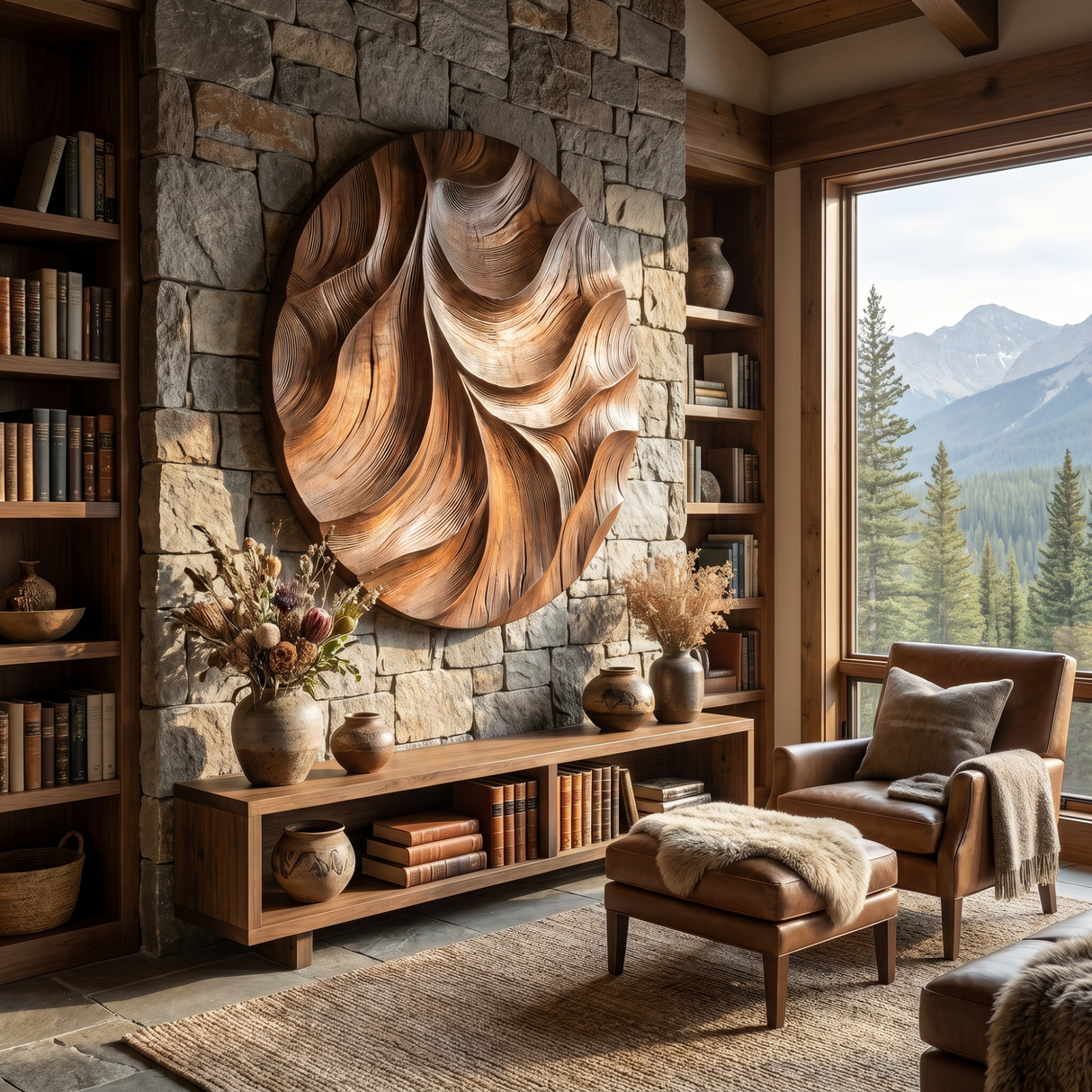 Solid Wood Oval Wall Art with Deep Carved Wave Relief and Organic Flow Design