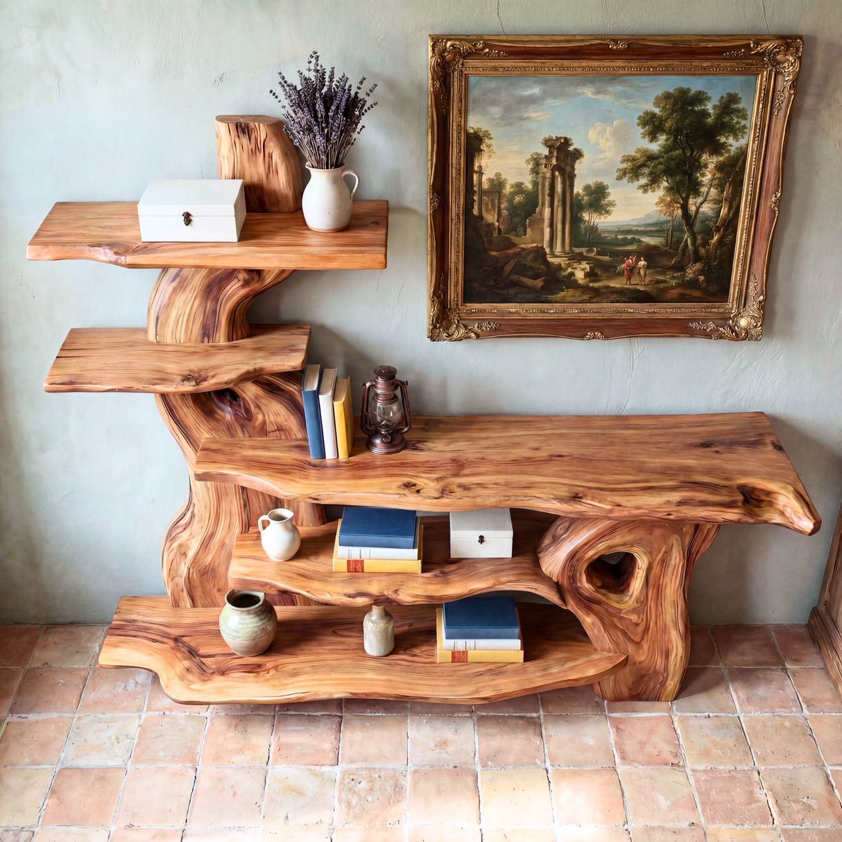 Sculptural Solid Wood Console Table with Organic Form and Tiered Display Shelves Artistic Freeform Console Table
