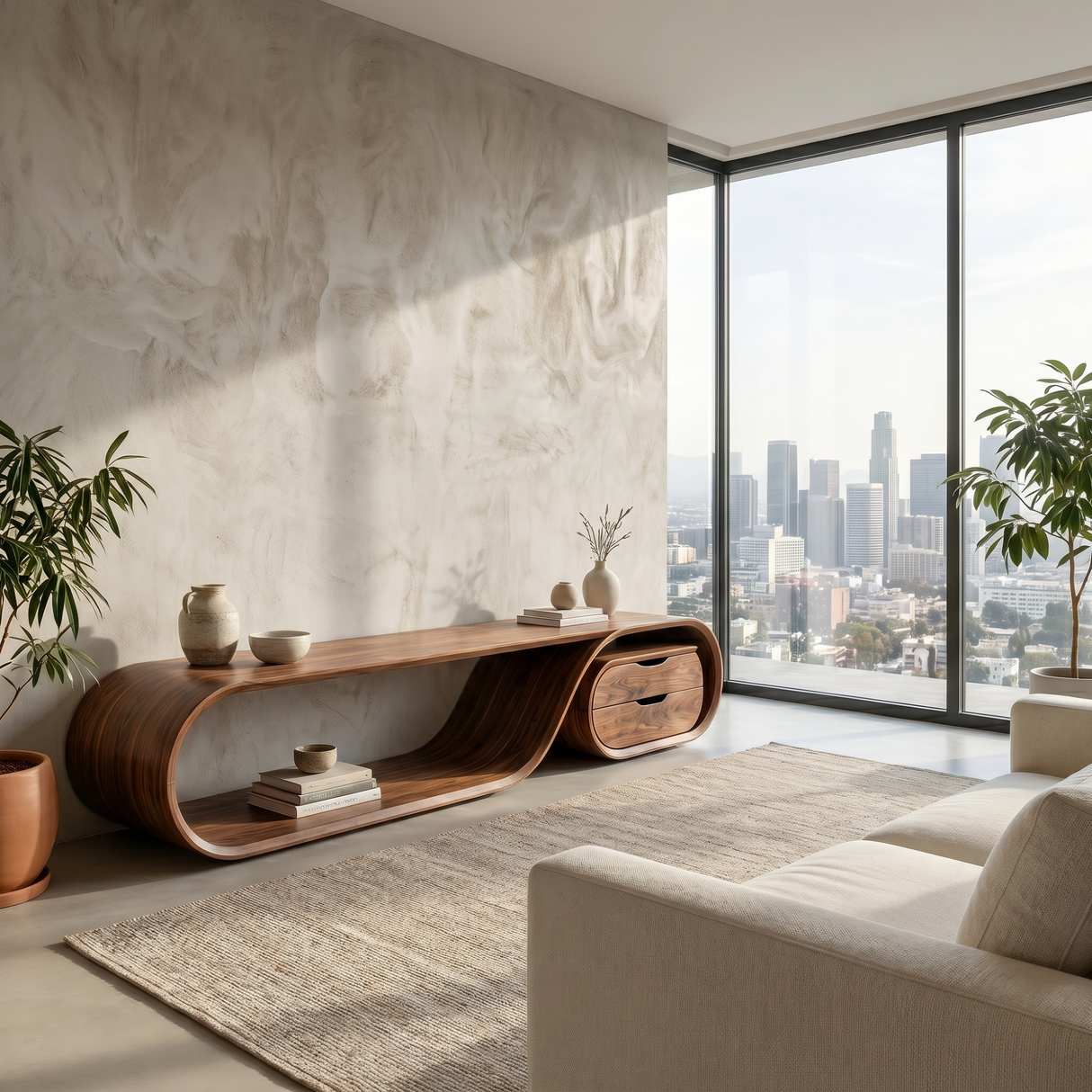 Flowing Organic Solid Wood TV Console with Oval Drawer Cabinet