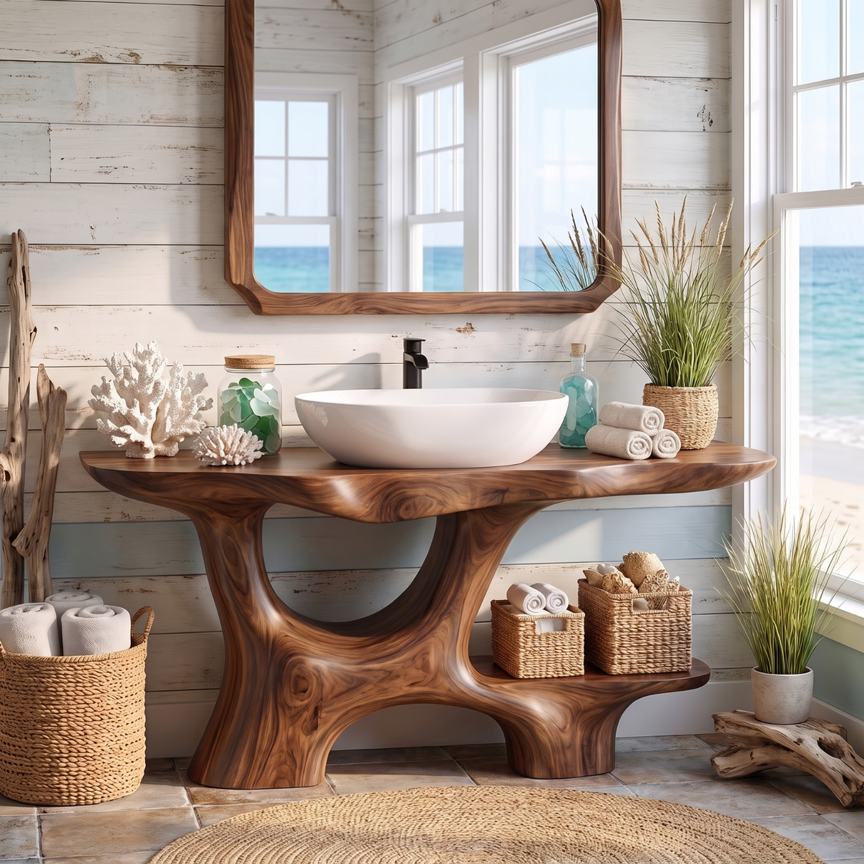 Bathroom Vanity Solid Wood with Open Arch Base and Side Shelf for Cabin Bathroom
