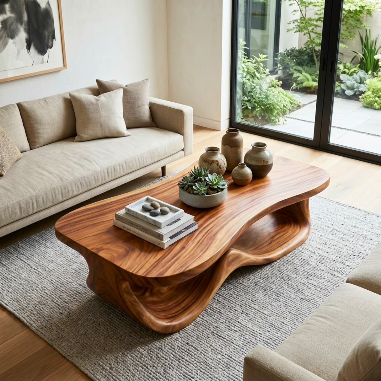 Rustic Solid Wood Coffee Table with Flowing Carved Base and Rounded Edge Top
