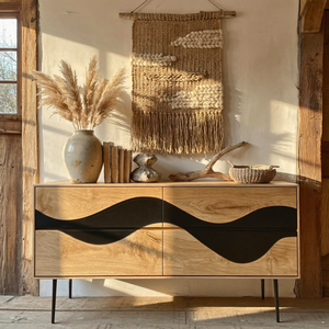 Wave Front Sideboard Cabinet with Sculptural Contrast, Modern Storage Credenza