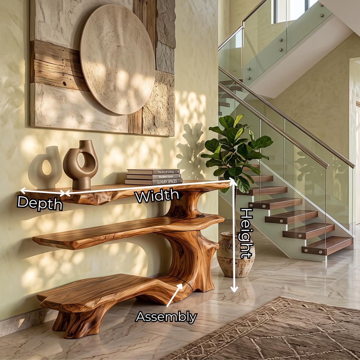 Organic Solid Wood Console Table with Three Tier Sculptural Shelves