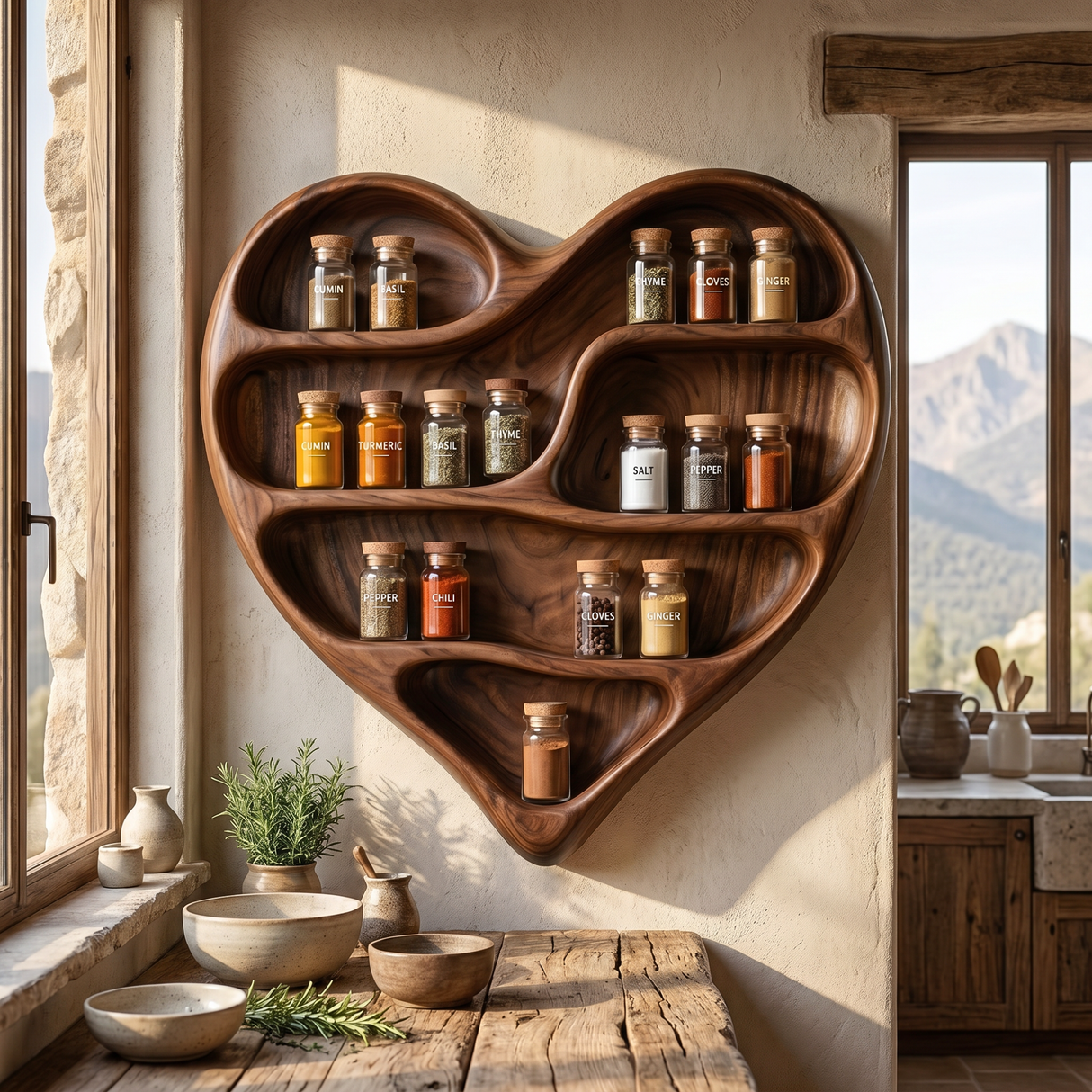 Solid Wood Heart Spice Rack with Organic Multi-Level Open Shelves