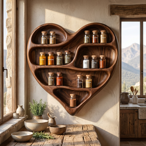 Solid Wood Heart Spice Rack with Organic Multi-Level Open Shelves