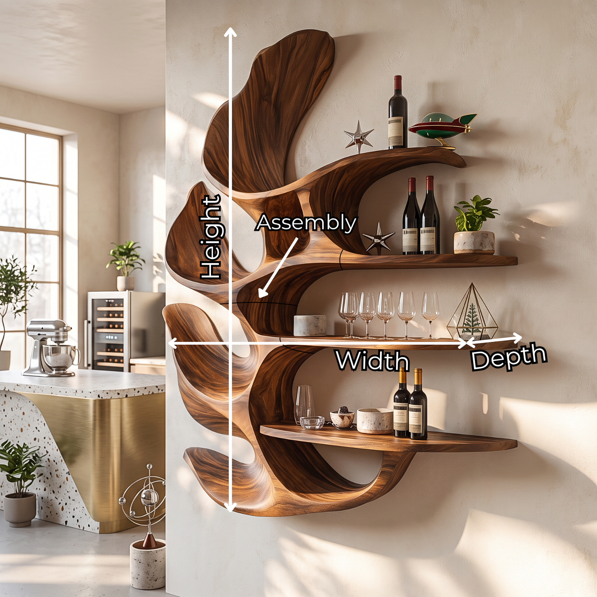 Carved Leaf Solid Wood Wall Wine Holder with Four Floating Display Shelves