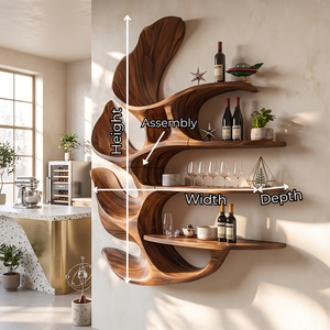 Carved Leaf Solid Wood Wall Wine Holder with Four Floating Display Shelves