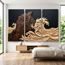 Three-Panel Carved Wood Wall Sculpture with Crashing Wave and Cliffside Relief