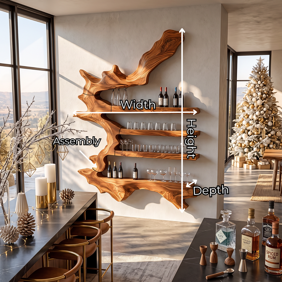 Branch Form Solid Wood Wall Wine Rack with Four Shelves
