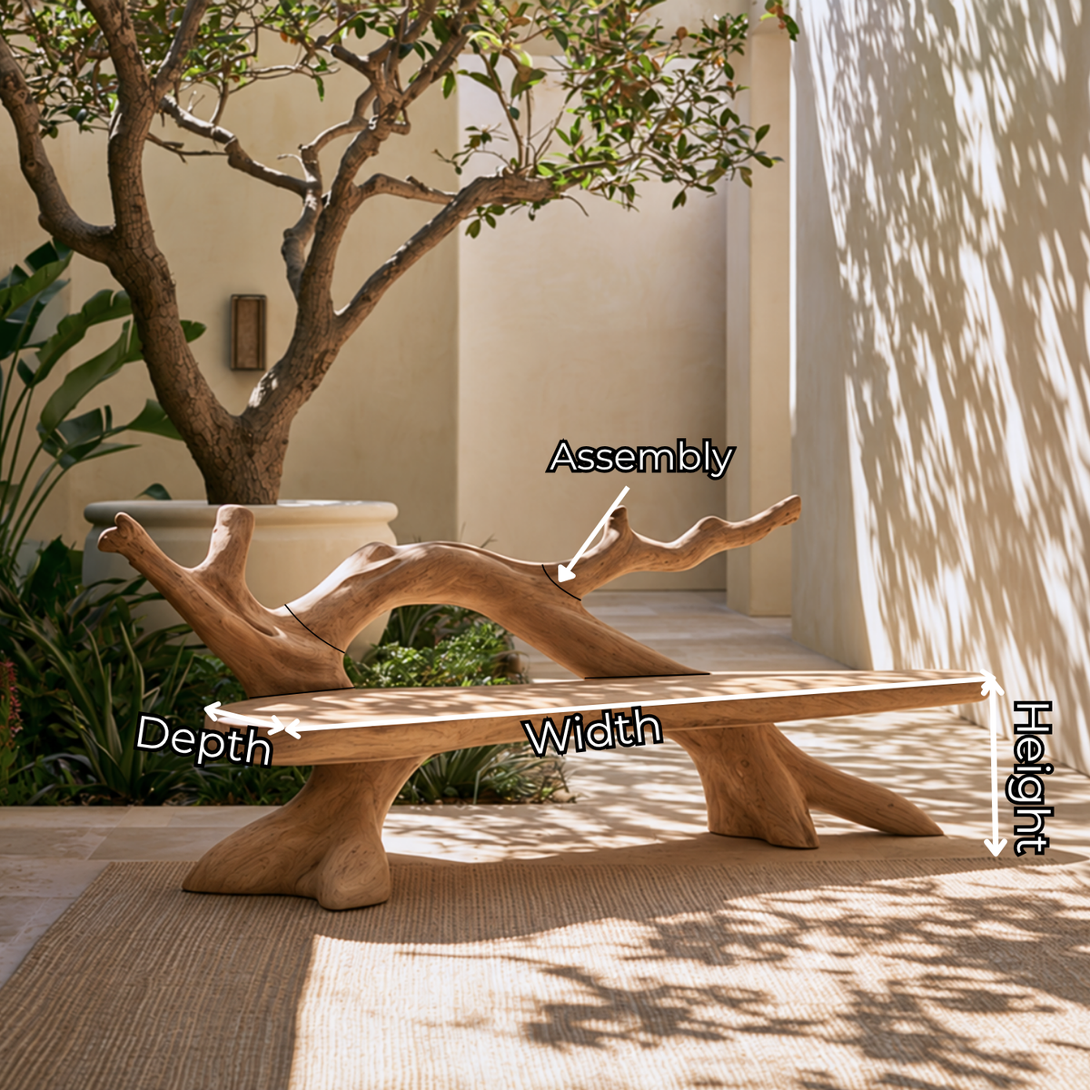 Organic Solid Wood Garden Bench with Natural Branch Backrest