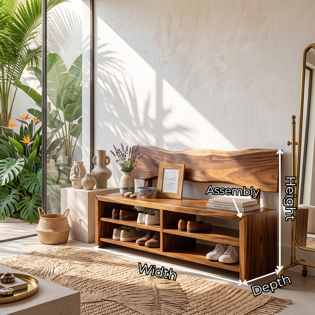 Handcrafted Solid Wood Shoe Cabinet with Open Shelves and Organic Backrest