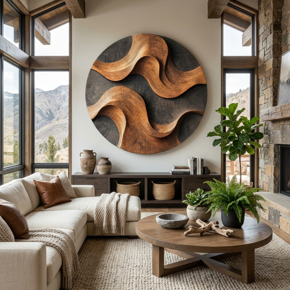 Handcrafted Wood Wall Sculpture with Woven Wave Relief and Charcoal Contrast