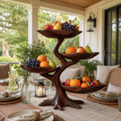 Solid Wood Four-Tier Fruit Display Stand with Sculptural Branch Base and Curved Bowl Trays
