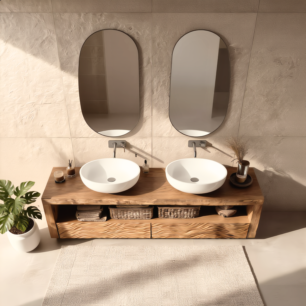 Wood Double Bathroom Vanity with Carved Wave Drawers and Open Shelf