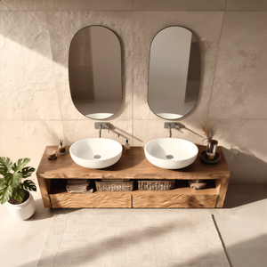 Wood Double Bathroom Vanity with Carved Wave Drawers and Open Shelf