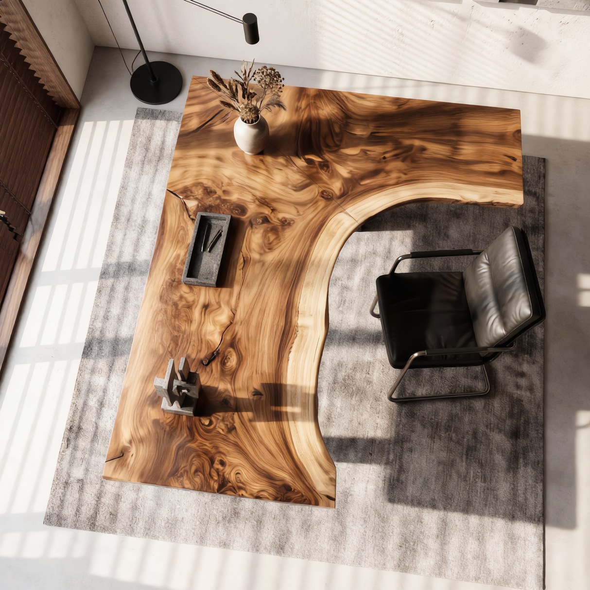 Live Edge Solid Wood Desk with Sculptural Cutout Design