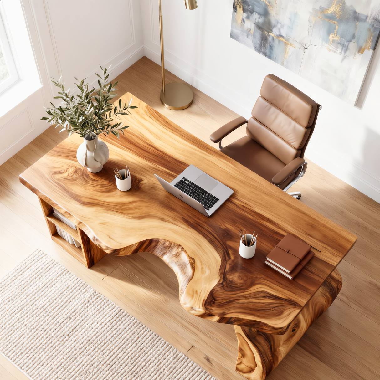 Solid Wood Executive Desk with Sculptural Panel Legs and Open Shelf