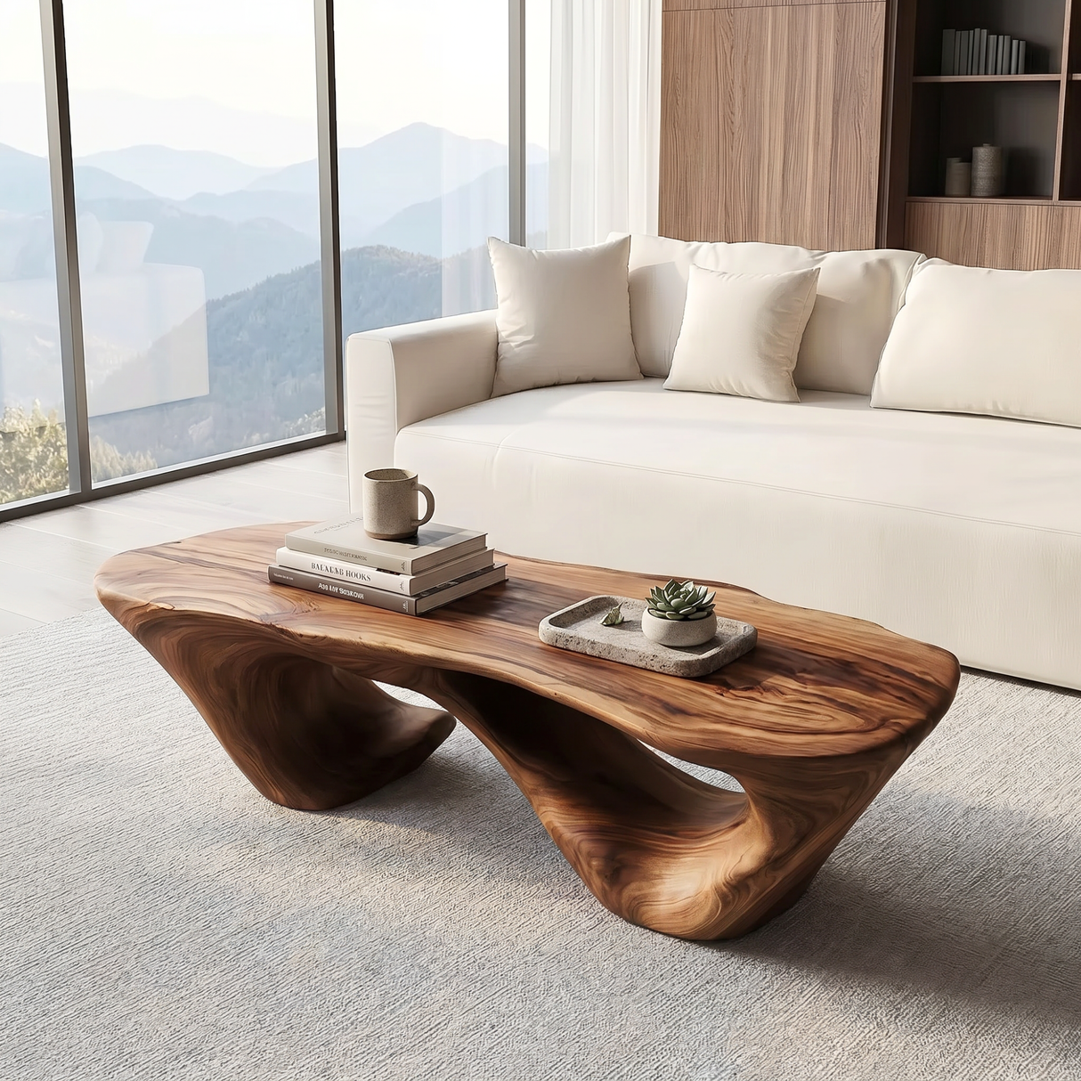 Solid Wood Coffee Table with Double Hollow Sculptural Base for Living Room