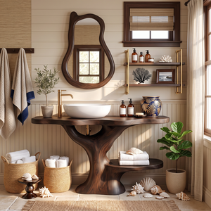 Bathroom Vanity Solid Wood with Tree Form Pedestal and Towel Shelf