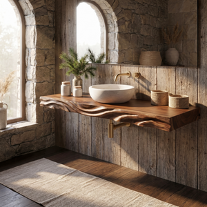 Live Edge Floating Wood Bathroom Vanity Shelf with Organic Grain Detail