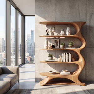 Wave Spine Wood Display Bookcase with Floating Open Shelves