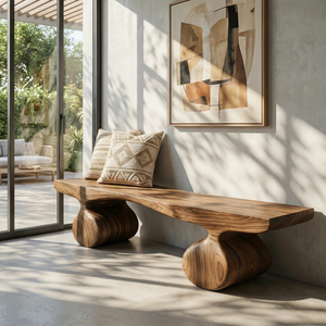 Organic Wood Bench with Sculptural Rounded Pedestal Base for Modern Interiors