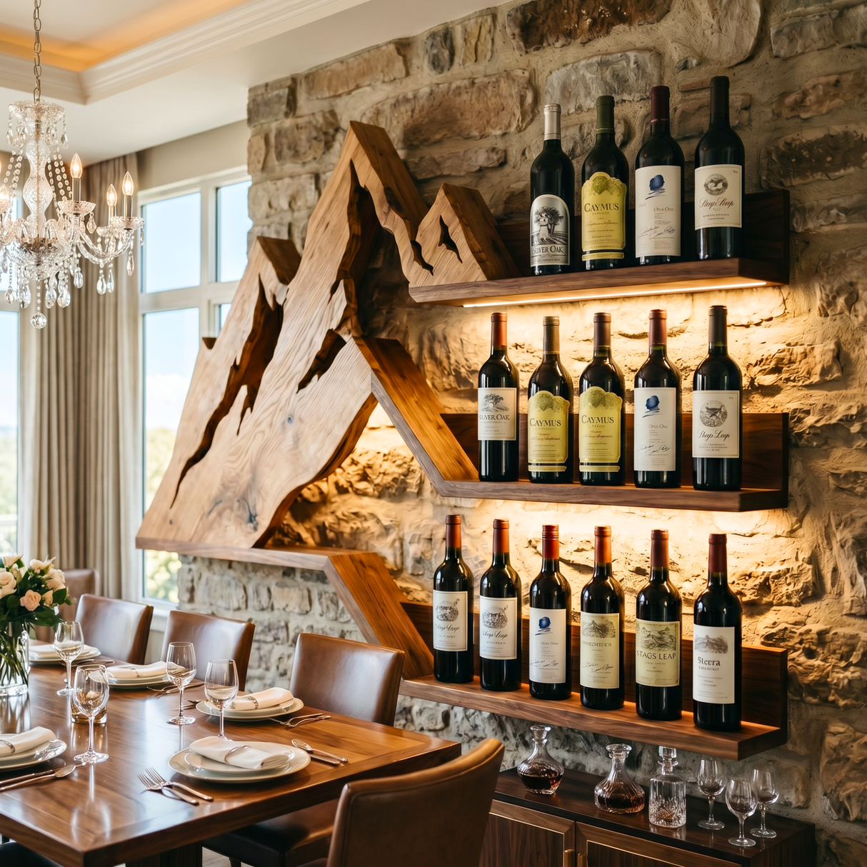 Mountain Range Inspired Solid Wood Wine Rack Wall Shelf