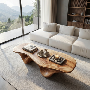 Coffee Table Solid Wood with Triple Hollow Sculptural Base for Living Room
