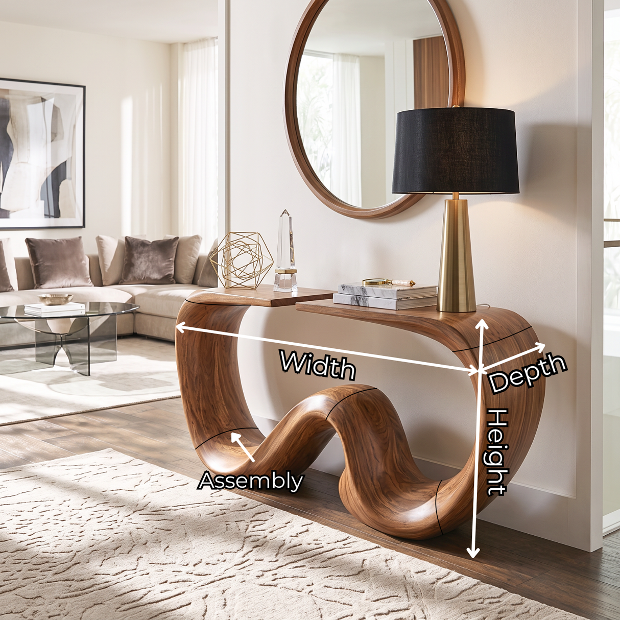 Console Table Solid Wood with Sculptural Twin Wave Base for Entryway Decor