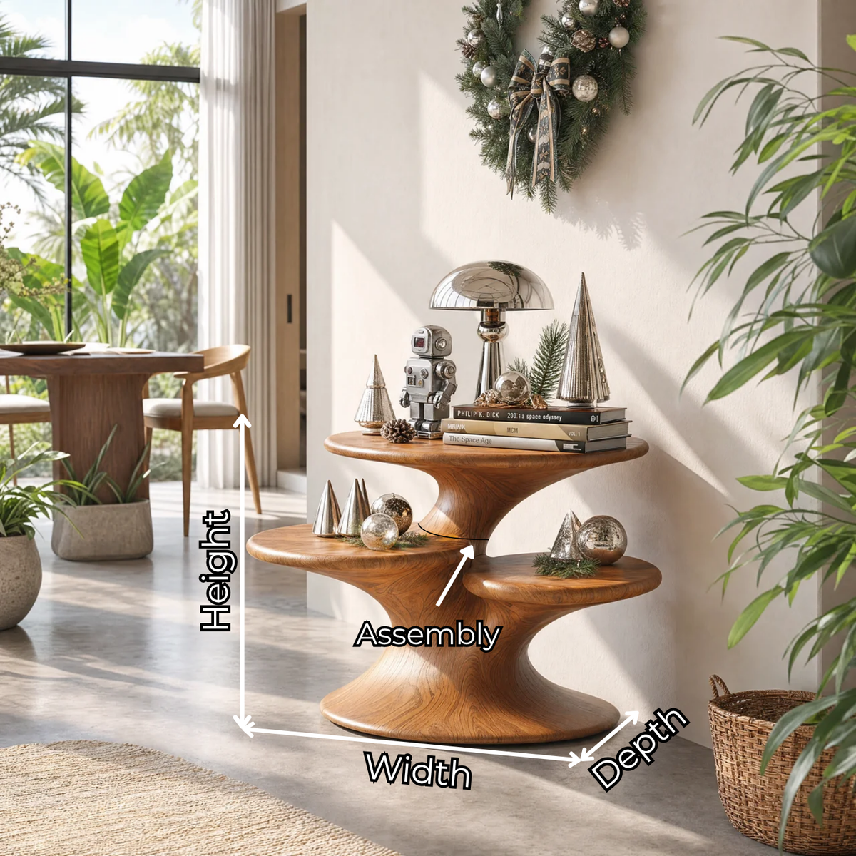 Sculptural Solid Wood Side Table with Three Tier Organic Shelves