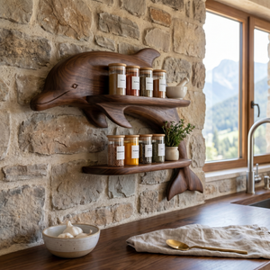 Solid Wood Dolphin Spice Rack with Double Shelf Wall Storage for Kitchen