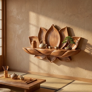 Handcrafted Natural Solid Wood Lotus Petal Wall Shelf for Decorative Display