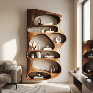 Wall Mounted Sculptural Wood Shelf with Flowing Open Niches