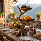 Solid Wood Three Tier Fruit Bowl Stand with Sculptural Branch Design