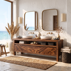 Bathroom Vanity Solid Wood with Double Sink and Open Shelf Storage for Lodge Bathroom