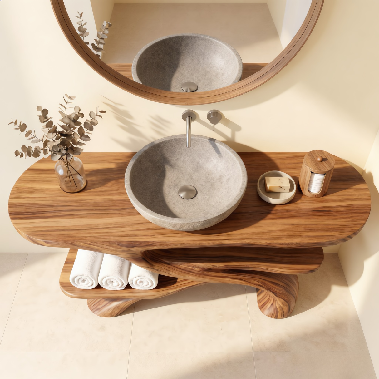 Handcrafted Solid Wood Bathroom Vanity with Sculptural Open Shelf