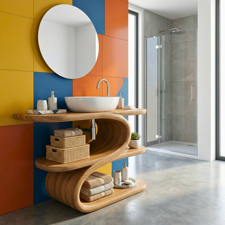 Modern Organic Bathroom Vanity with Curved Wood Shelving