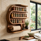 Sculptural Solid Wood Wall Spice Rack with Paper Towel Holder