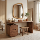 Solid Wood Makeup Vanity Desk with Rounded Storage Cabinet and Waterfall Leg