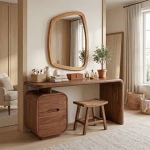 Solid Wood Makeup Vanity Desk with Rounded Storage Cabinet and Waterfall Leg