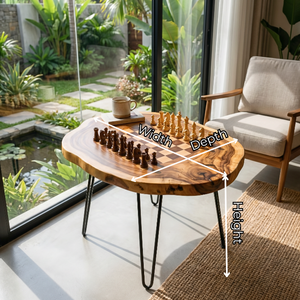 Live Edge Solid Wood Chess Coffee Table with Organic Slab Top and Hairpin Legs