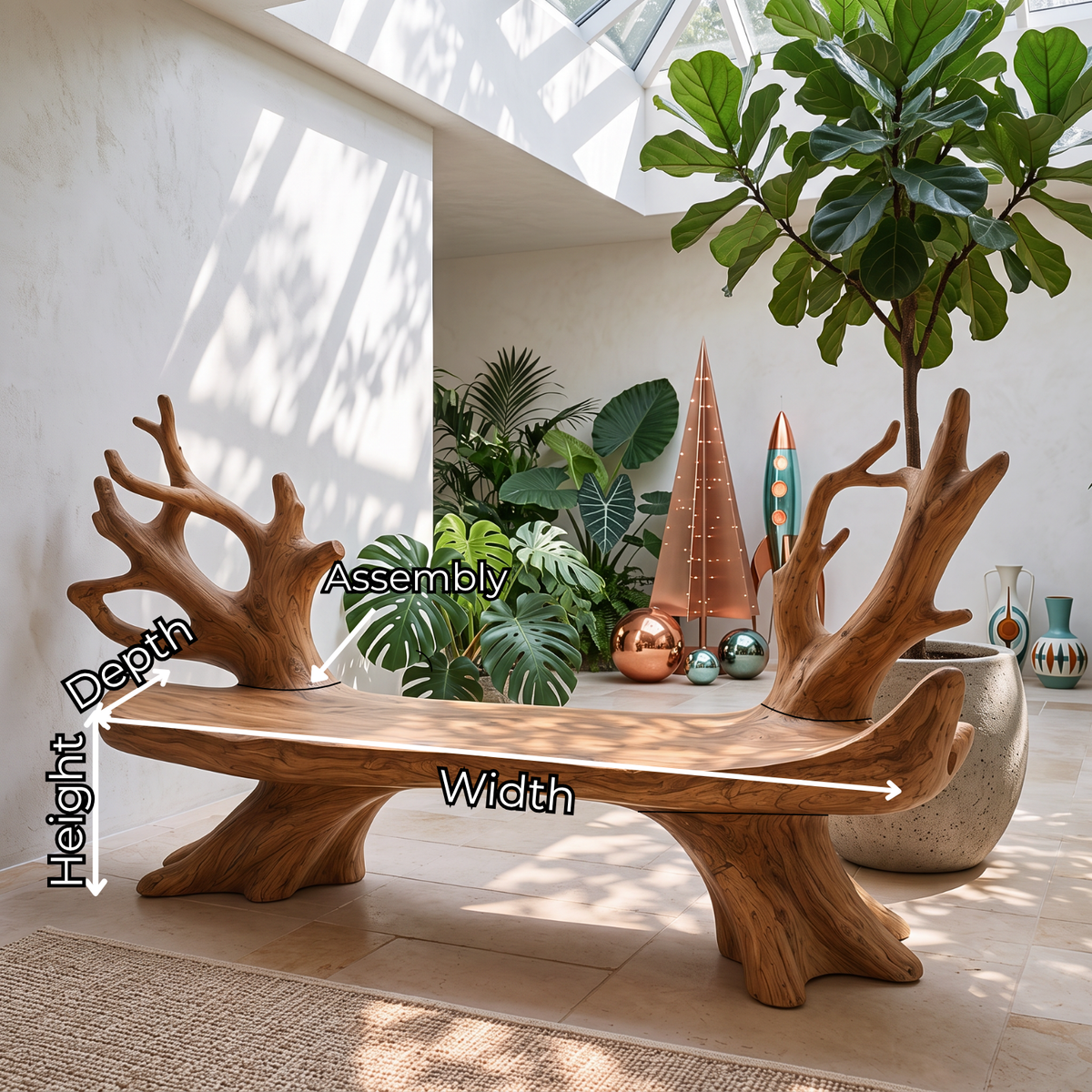Sculptural Solid Wood Garden Bench with Organic Branch Backrest for Outdoor Patio