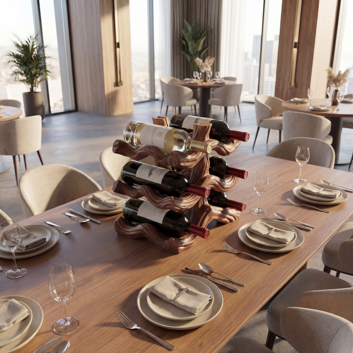 Sculptural Solid Wood Wine Rack with Flowing Wave Form Tiered Bottle Holder Tabletop Storage