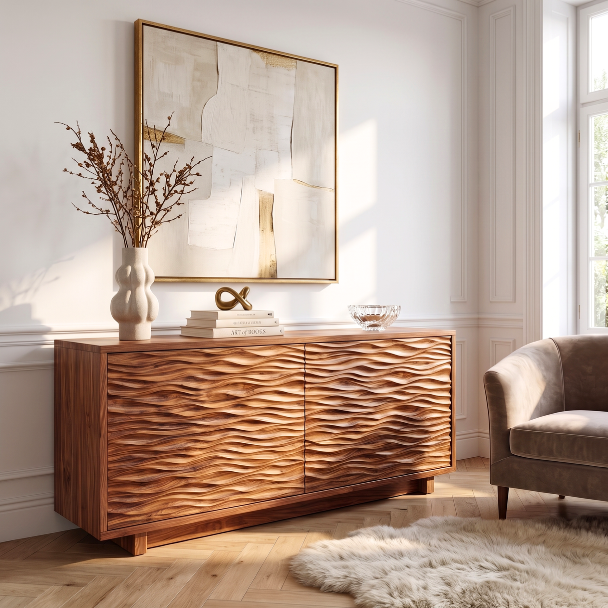 Sideboard Solid Wood with Sculptural Horizontal Wave Carved Doors