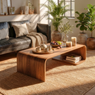Solid Wood Coffee Table with Curved Waterfall Frame and Shelf