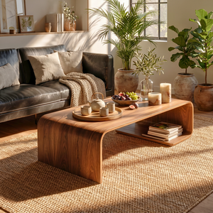 Solid Wood Coffee Table with Curved Waterfall Frame and Shelf