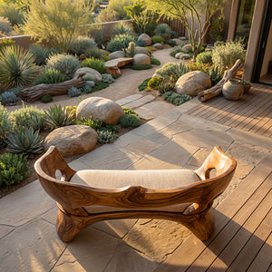 Sculptural Solid Wood Bench with Organic Carved Form